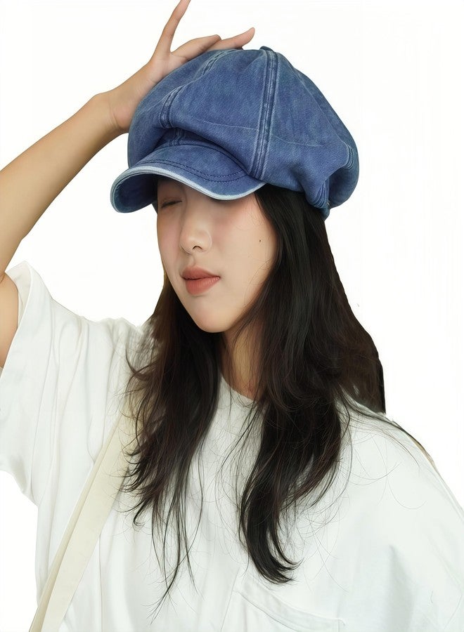 ACGarden Women's Washed Denim Newsboy Cap Fashion Vintage 8 Panels Visor Beret Girls Octagonal Cap Painter Hat,Blue,M - Image 1